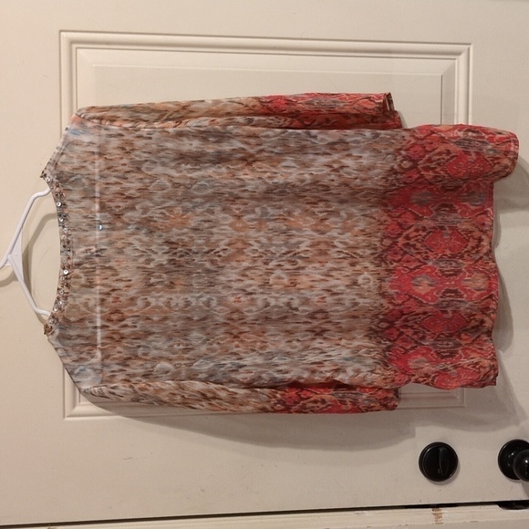 Chicos Tunic: Sheer, Abstract Print Embellished With Beads & Rhinestones, V-Neck - Picture 9 of 16